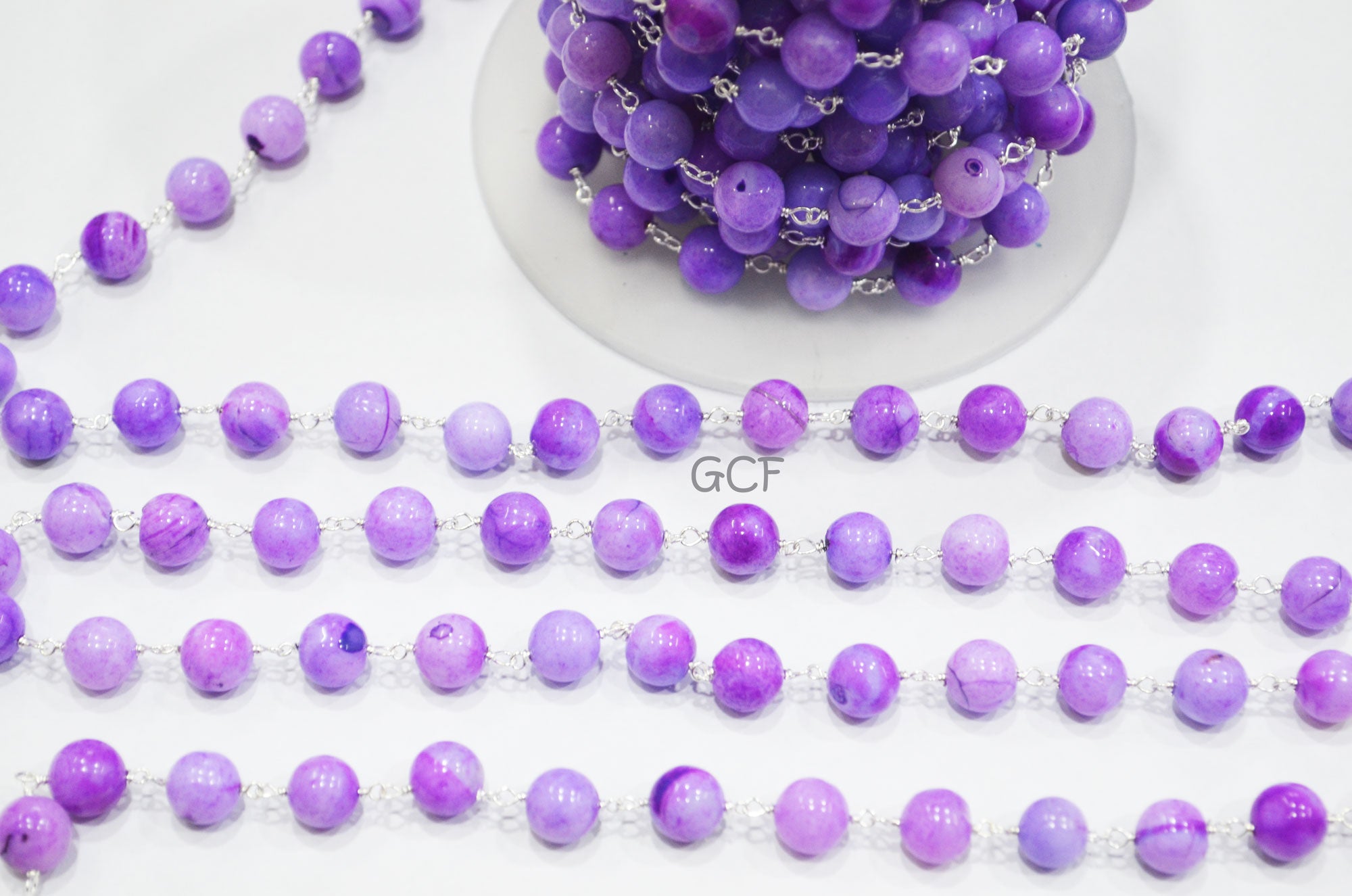 Lavender Opal Smooth Round Shape Rosary Beaded Chain , Lavender Opal Round Shape Wire Wrapped Chain , 8 - 9 mm , 6760