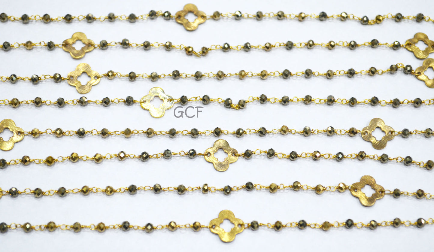 Pyrite Faceted Rondelle Rosary Beaded Chain , Pyrite Clover Beaded Wire Wrapped Chain , 3 - 11 mm , 6762
