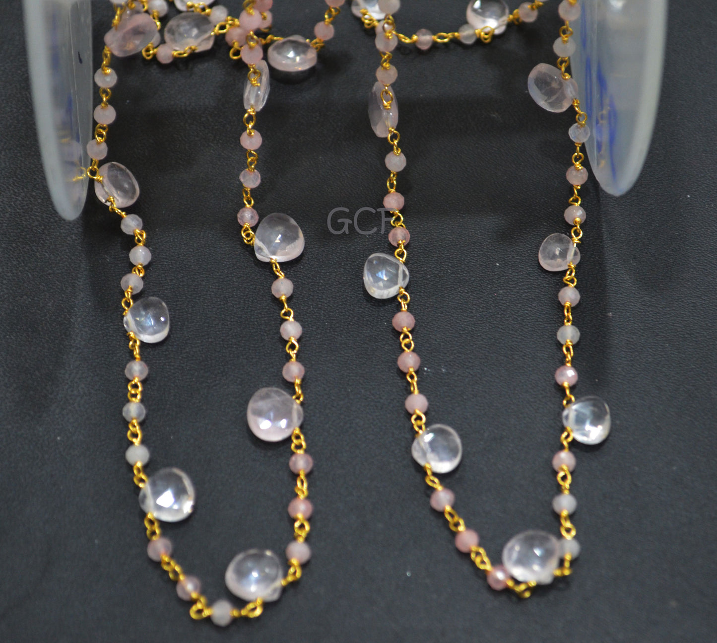 Rose Quartz Faceted Rondelle Rosary Beaded Chain , Rose Quartz Faceted Heart Shape Wire Wrapped Chain , 3 - 8 mm , 6763