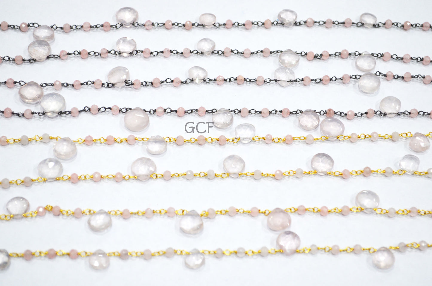 Rose Quartz Faceted Rondelle Rosary Beaded Chain , Rose Quartz Faceted Heart Shape Wire Wrapped Chain , 3 - 8 mm , 6763