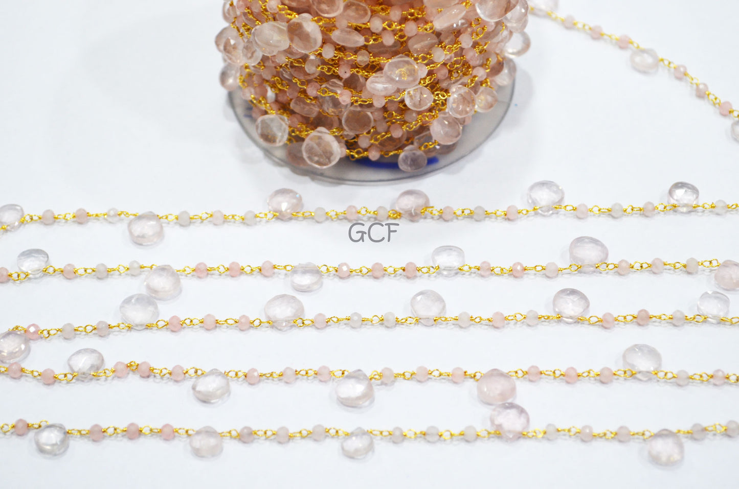 Rose Quartz Faceted Rondelle Rosary Beaded Chain , Rose Quartz Faceted Heart Shape Wire Wrapped Chain , 3 - 8 mm , 6763
