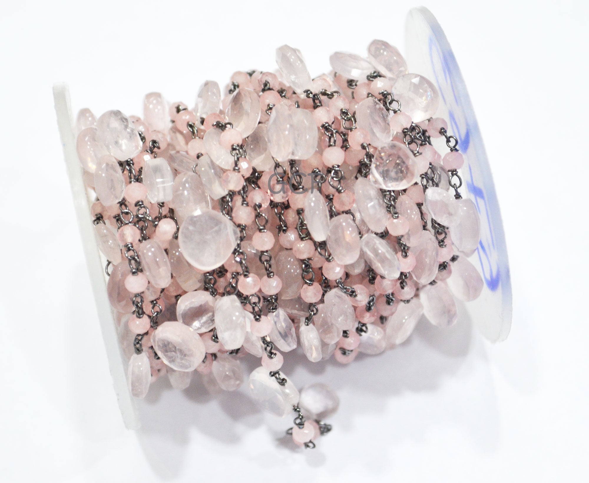 Rose Quartz Faceted Rondelle Rosary Beaded Chain , Rose Quartz Faceted Heart Shape Wire Wrapped Chain , 3 - 8 mm , 6763