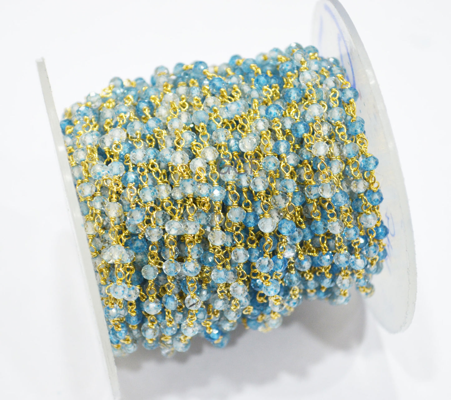 Shaded Swiss Blue Topaz Faceted Rondelle Shape Rosary Beaded Chain , Swiss Blue Topaz Wire Wrapped Chain , 3 mm , 6766