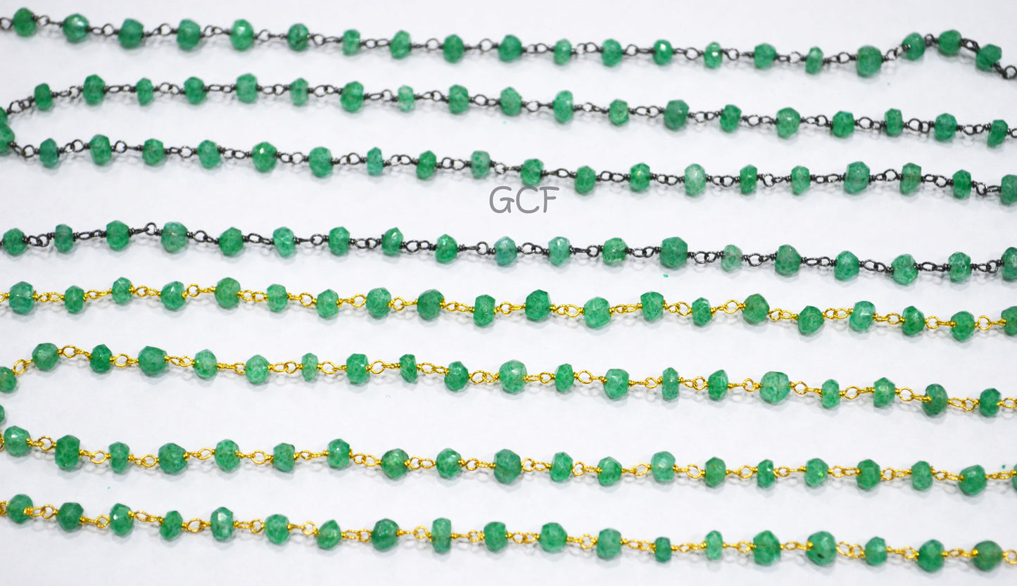Dyed Emerald Faceted Rondelle Shape Rosary Beaded Chain , Dyed Emerald Wire Wrapped Chain , 4 mm , 6767