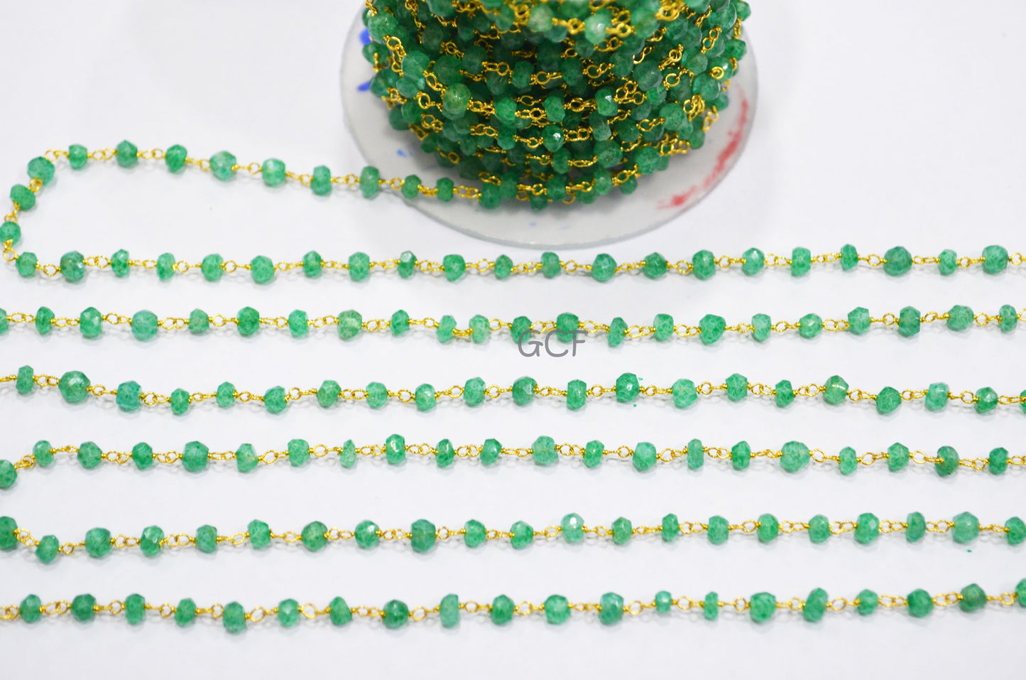 Dyed Emerald Faceted Rondelle Shape Rosary Beaded Chain , Dyed Emerald Wire Wrapped Chain , 4 mm , 6767