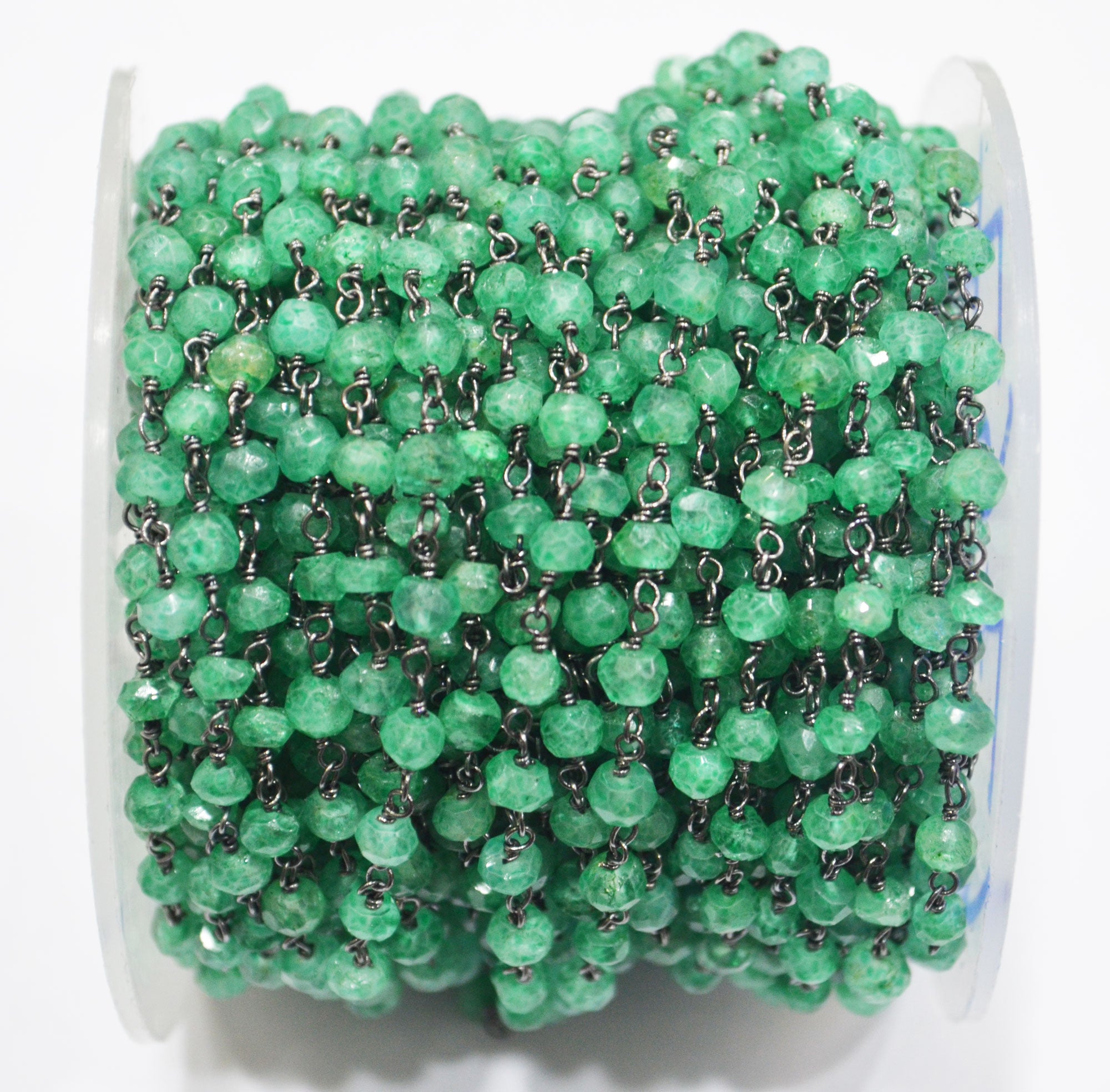 Dyed Emerald Faceted Rondelle Shape Rosary Beaded Chain , Dyed Emerald Wire Wrapped Chain , 4 mm , 6767