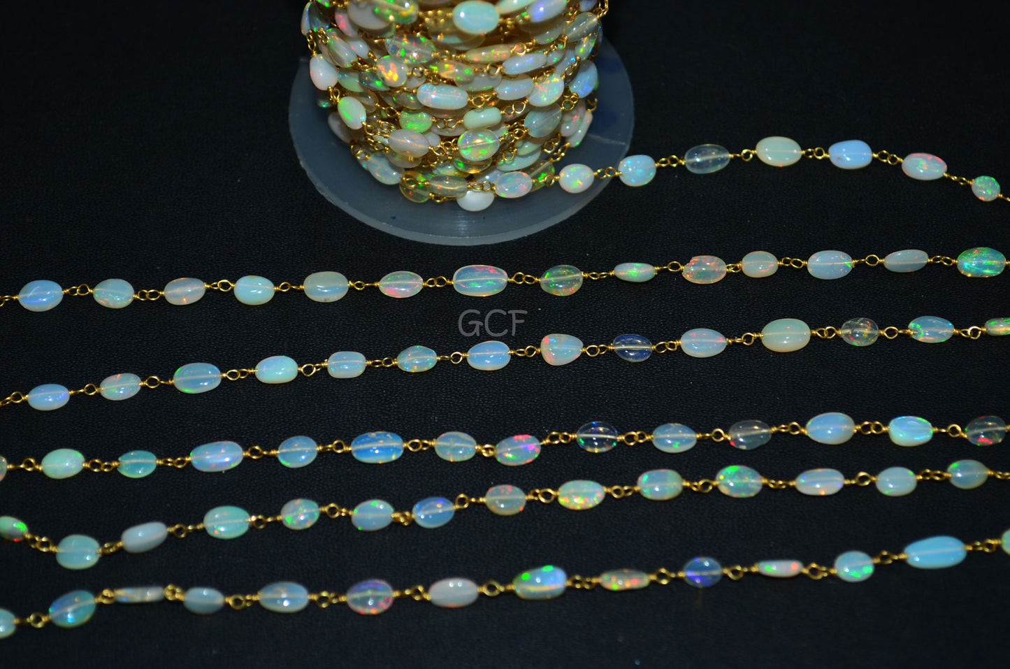 Ethiopian Opal Smooth Oval Nuggets Rosary Beaded Chain , Ethiopian Opal Wire Wrapped Chain , 4x5 - 5x7 mm , 6768