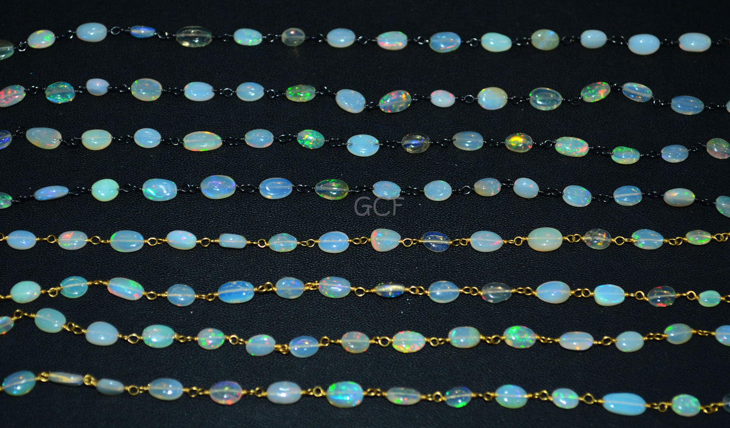 Ethiopian Opal Smooth Oval Nuggets Rosary Beaded Chain , Ethiopian Opal Wire Wrapped Chain , 4x5 - 5x7 mm , 6768