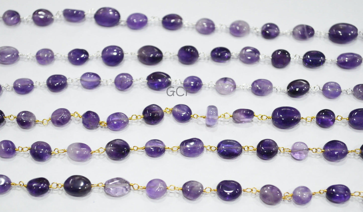 Amethyst Smooth Oval Nuggets Rosary Beaded Chain , Amethyst Wire Wrapped Chain , 5x6 - 6x8 mm , 6771
