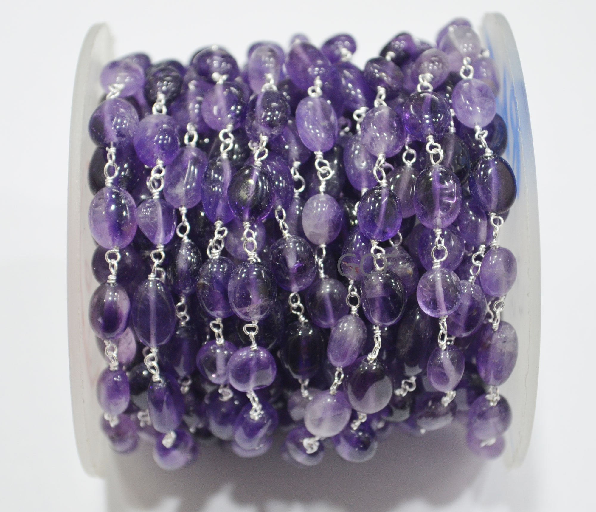 Amethyst Smooth Oval Nuggets Rosary Beaded Chain , Amethyst Wire Wrapped Chain , 5x6 - 6x8 mm , 6771