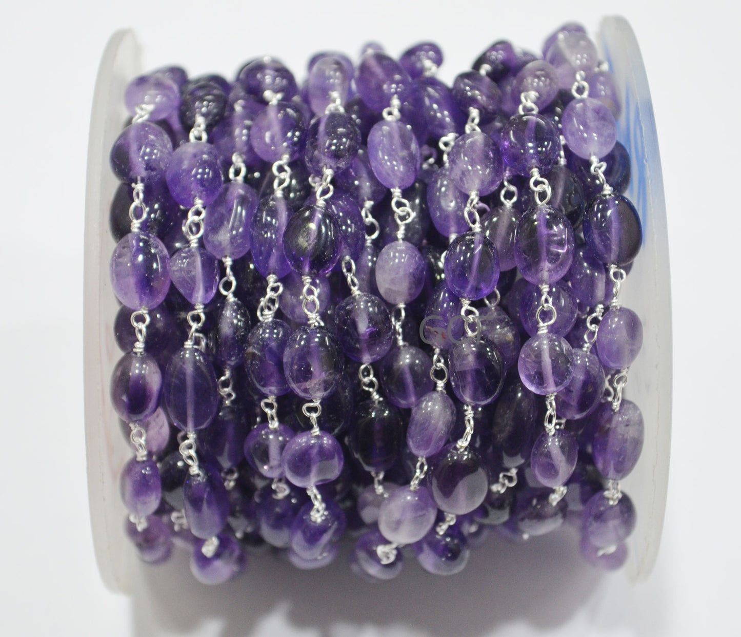 Amethyst Smooth Oval Nuggets Rosary Beaded Chain , Amethyst Wire Wrapped Chain , 5x6 - 6x8 mm , 6771