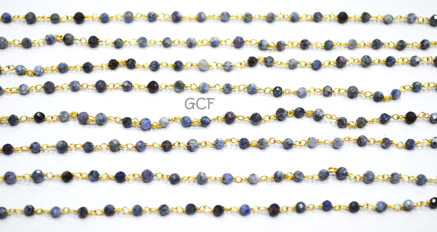 Blue Aventurine Faceted Round Shape Rosary Beaded Chain , Blue Aventurine Round Shape Wire Wrapped Chain , 3 mm , 6772