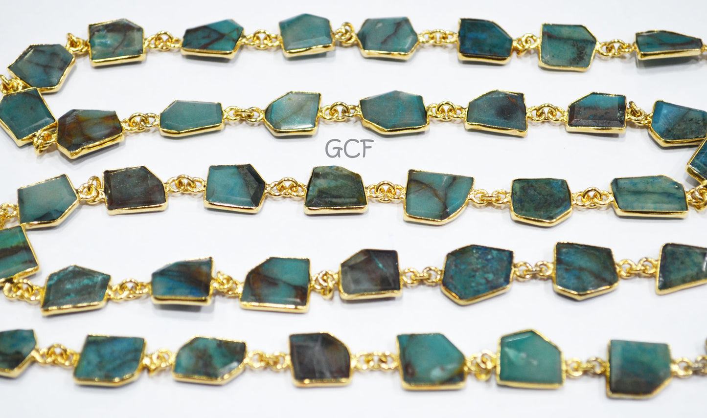 Chrysocolla Fancy Cut Shape Connector Chain , Chrysocolla Fancy Cut Bezel Link Chain , 8x10 - 13x14 mm , 6773