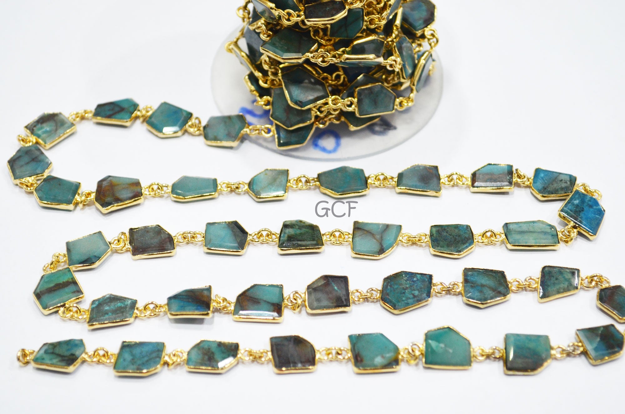 Chrysocolla Fancy Cut Shape Connector Chain , Chrysocolla Fancy Cut Bezel Link Chain , 8x10 - 13x14 mm , 6773
