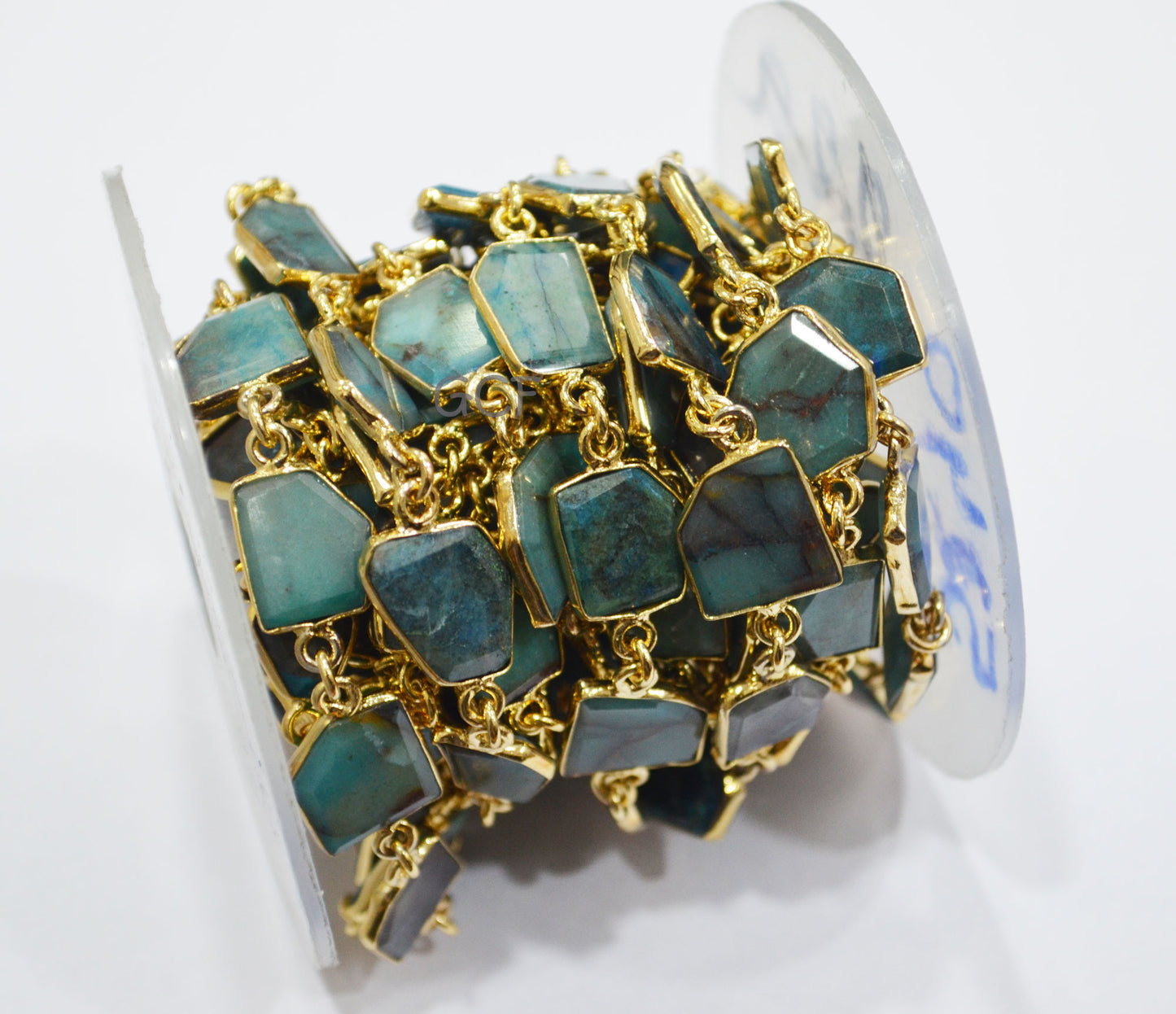 Chrysocolla Fancy Cut Shape Connector Chain , Chrysocolla Fancy Cut Bezel Link Chain , 8x10 - 13x14 mm , 6773