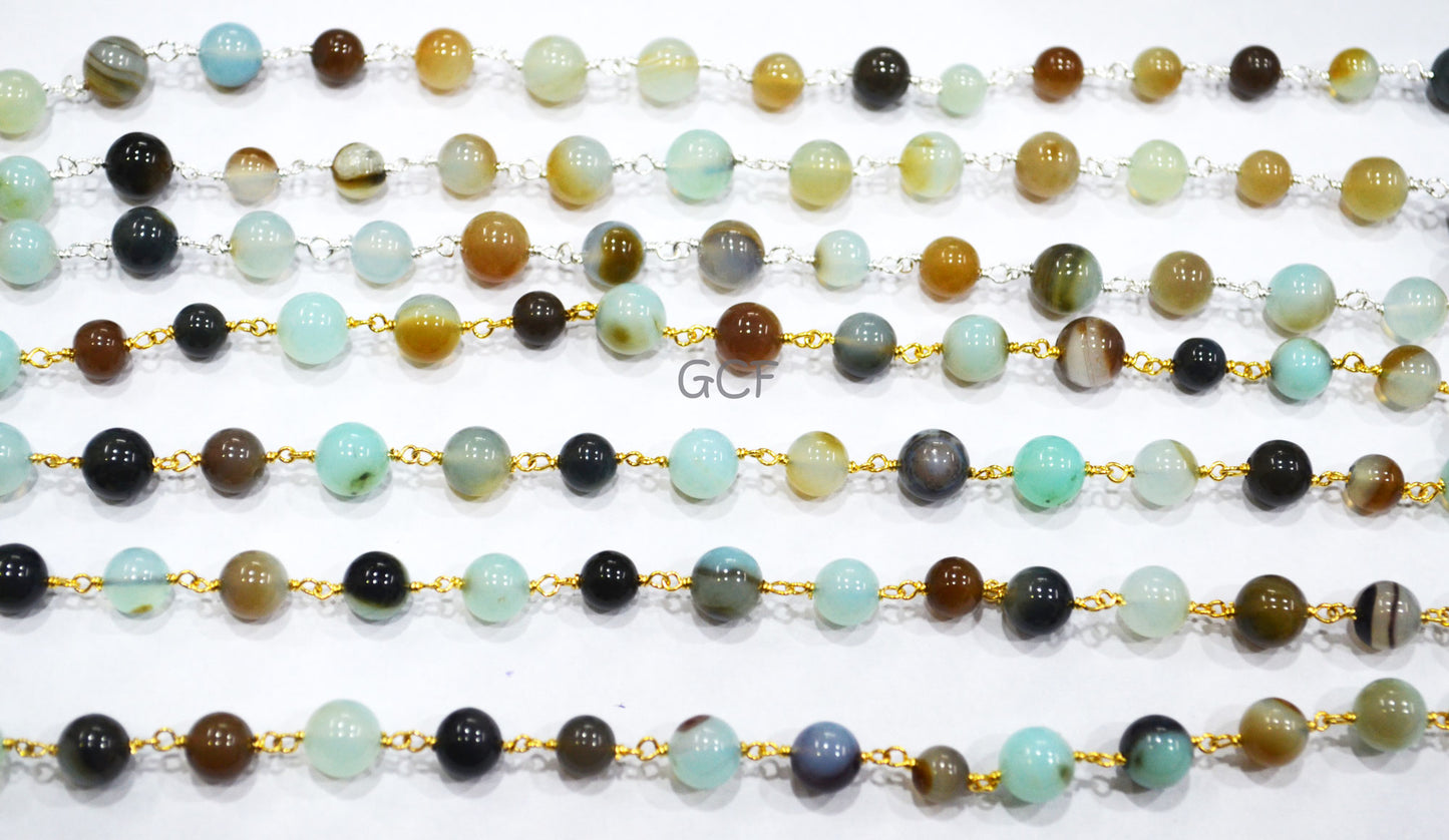 Peruvian Multi Opal Smooth Round Shape Rosary Beaded Chain , Peruvian Opal Round Shape Wire Wrapped Chain , 6 - 7 mm , 6775