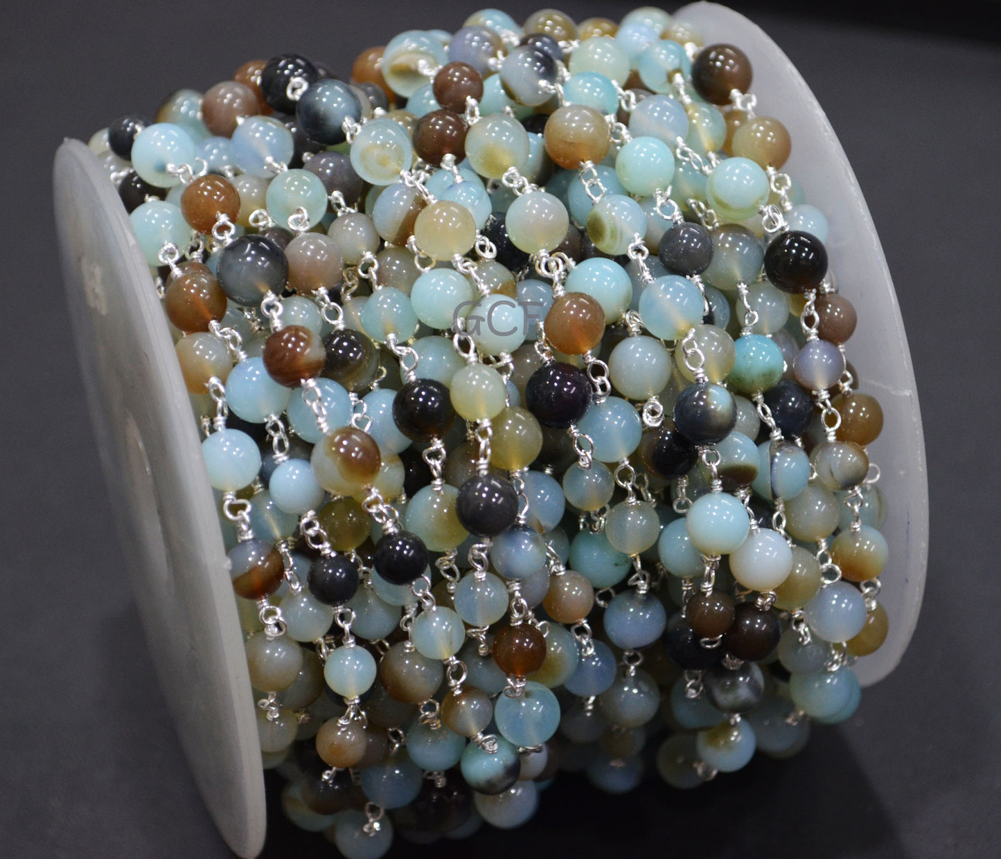 Peruvian Multi Opal Smooth Round Shape Rosary Beaded Chain , Peruvian Opal Round Shape Wire Wrapped Chain , 6 - 7 mm , 6775