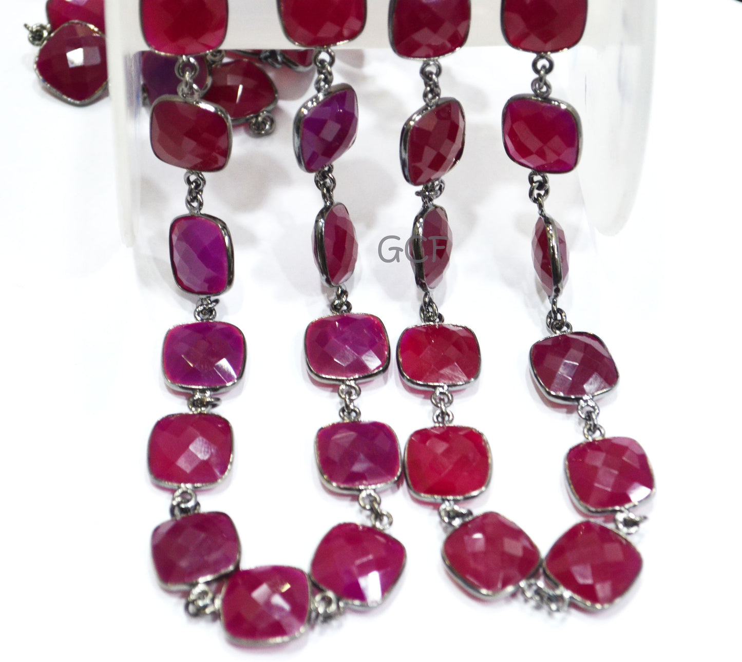 Hot Pink Chalcedony Faceted Cushion Shape Connector Chain , Hot Pink Chalcedony Cushion Bezel Link Chain , 14 mm , 6776