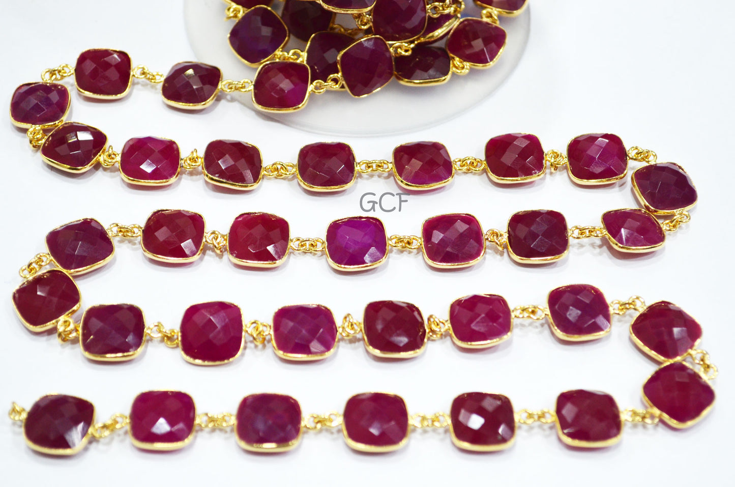 Hot Pink Chalcedony Faceted Cushion Shape Connector Chain , Hot Pink Chalcedony Cushion Bezel Link Chain , 14 mm , 6776