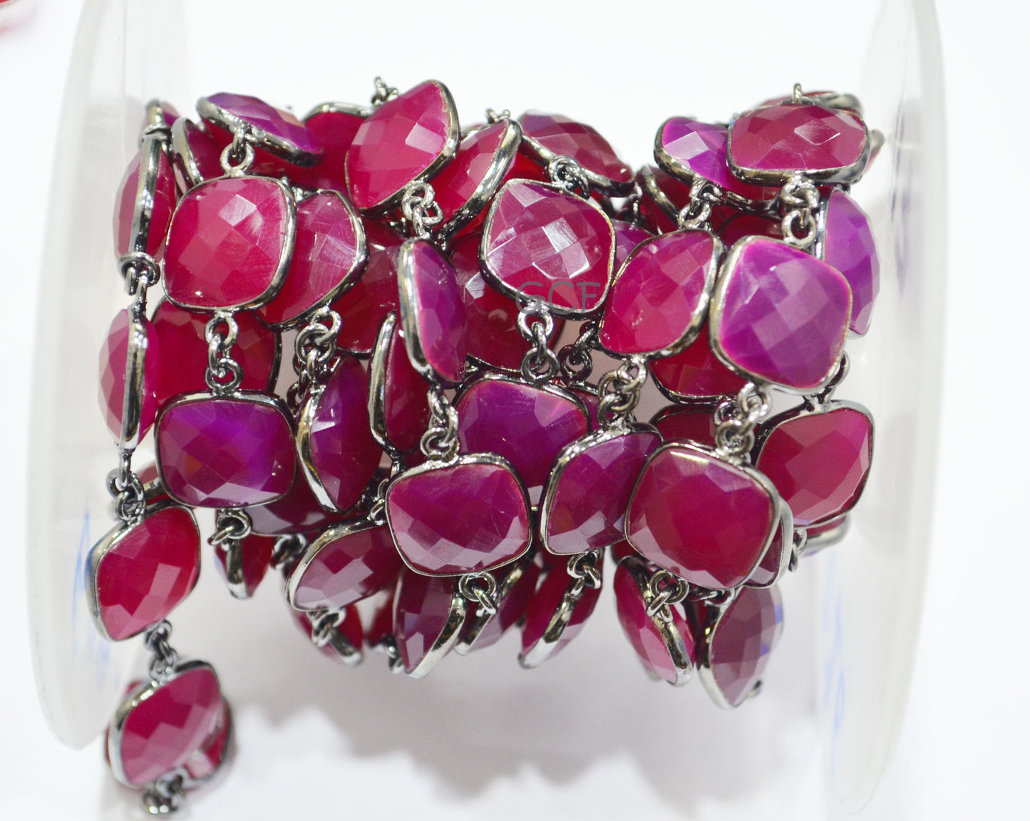 Hot Pink Chalcedony Faceted Cushion Shape Connector Chain , Hot Pink Chalcedony Cushion Bezel Link Chain , 14 mm , 6776