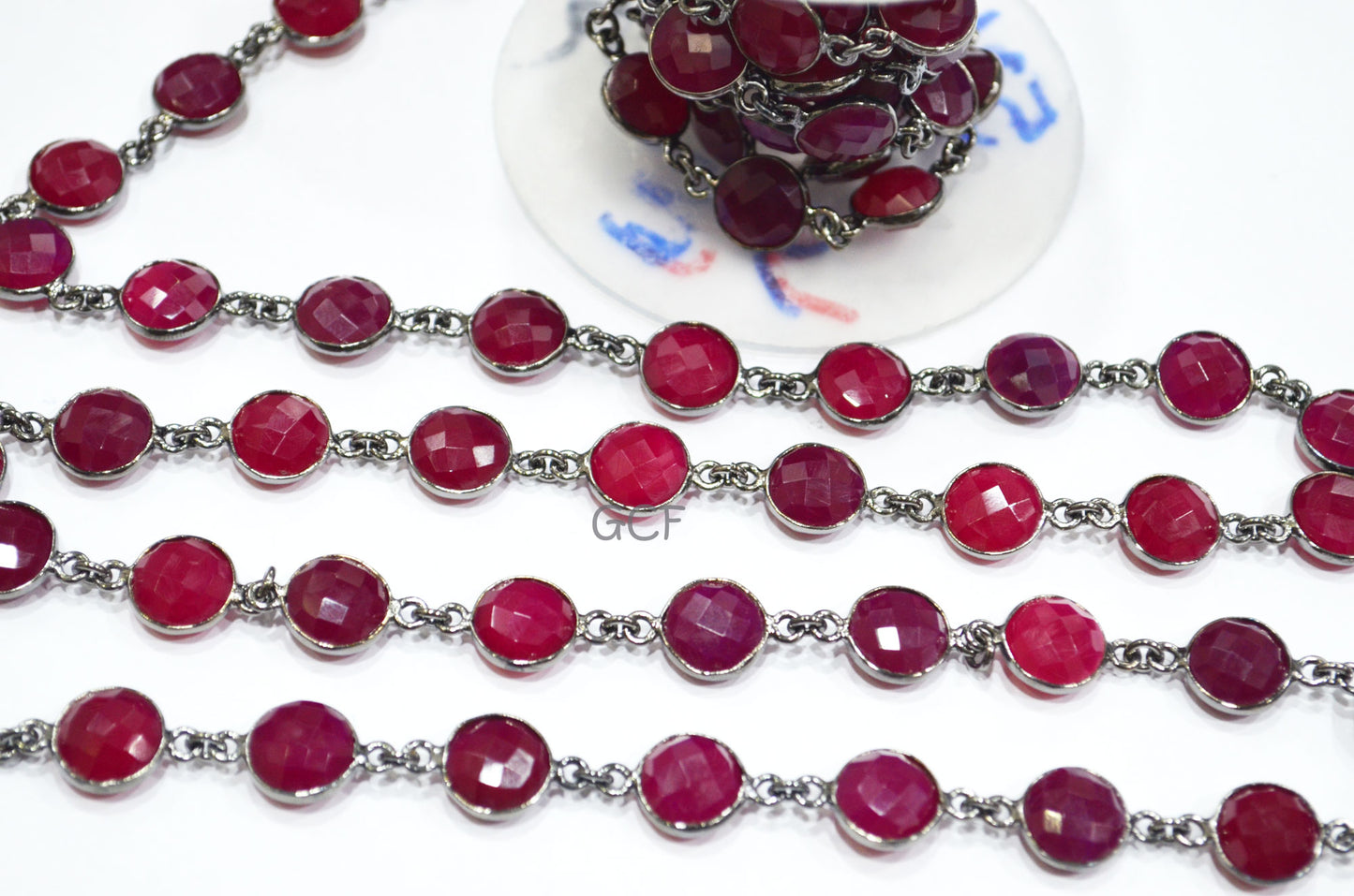 Hot Pink Chalcedony Faceted Coin Shape Connector Chain , Hot Pink Chalcedony Coin Bezel Link Chain , 11 mm , 6777