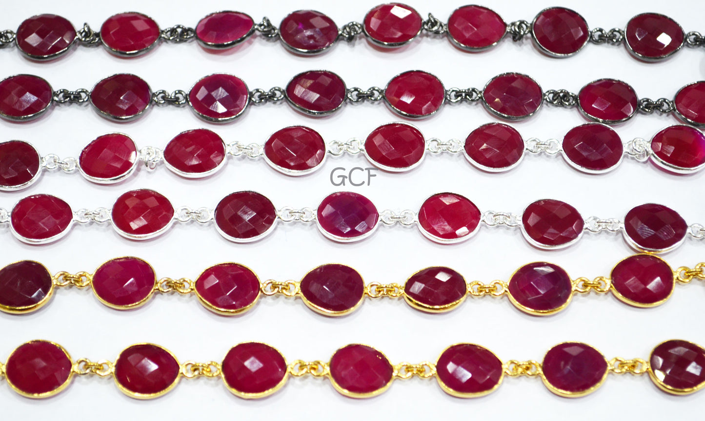 Hot Pink Chalcedony Faceted Egg Shape Connector Chain , Hot Pink Chalcedony Egg Bezel Link Chain , 12x14 mm , 6778