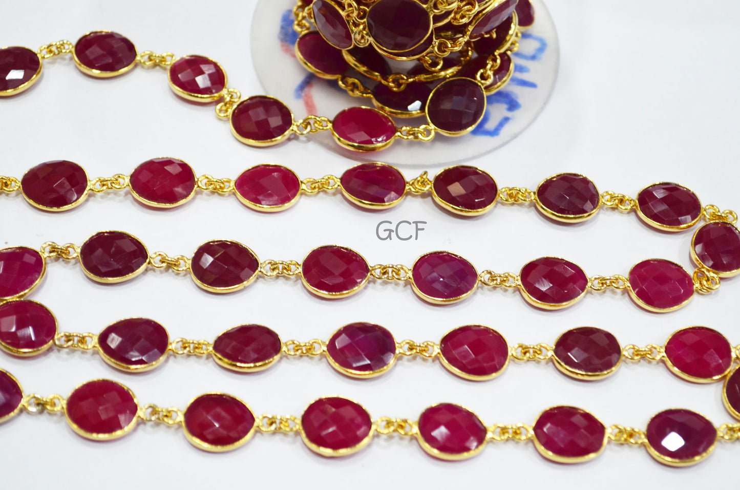 Hot Pink Chalcedony Faceted Egg Shape Connector Chain , Hot Pink Chalcedony Egg Bezel Link Chain , 12x14 mm , 6778