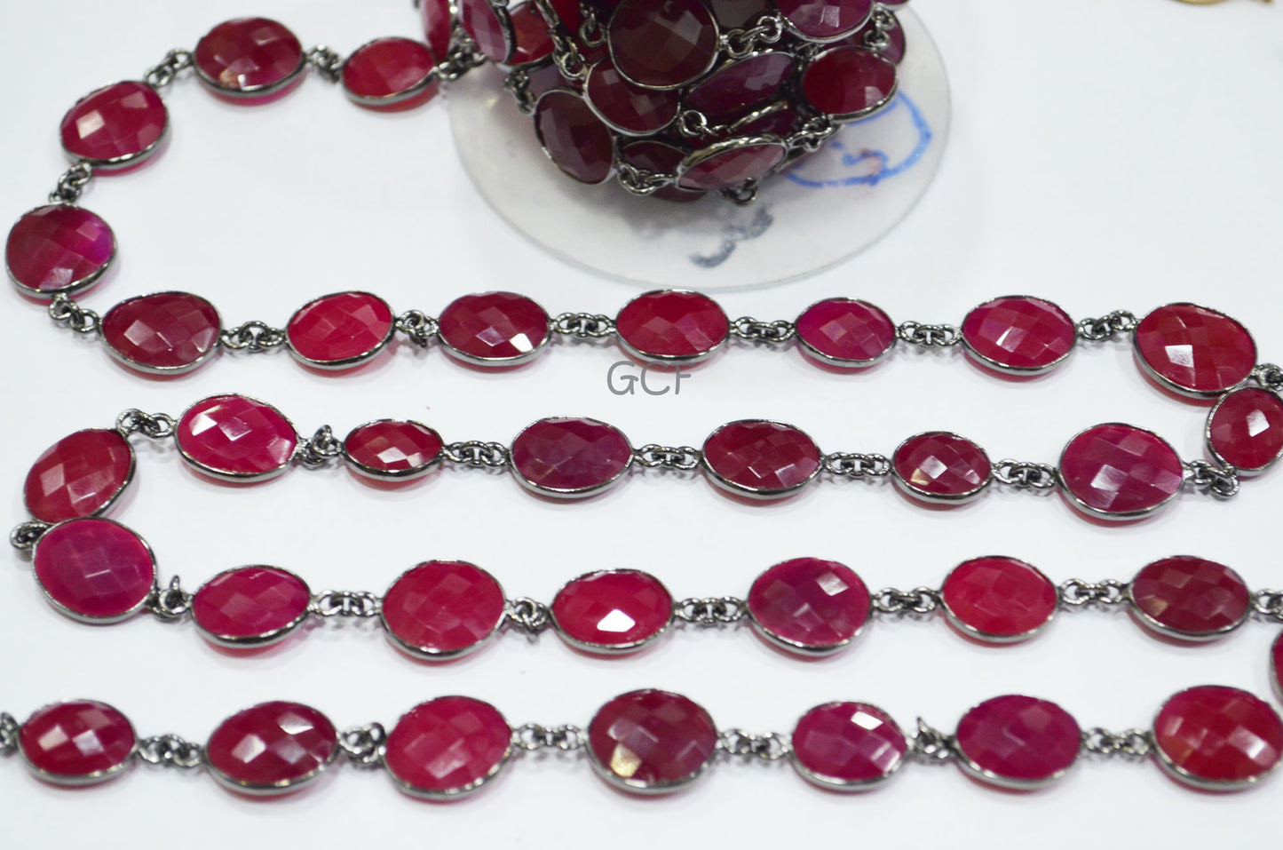 Hot Pink Chalcedony Faceted Slice Shape Connector Chain ,Hot Pink Chalcedony Slice Bezel Link Chain , 11x13 - 14x16 mm , 6780