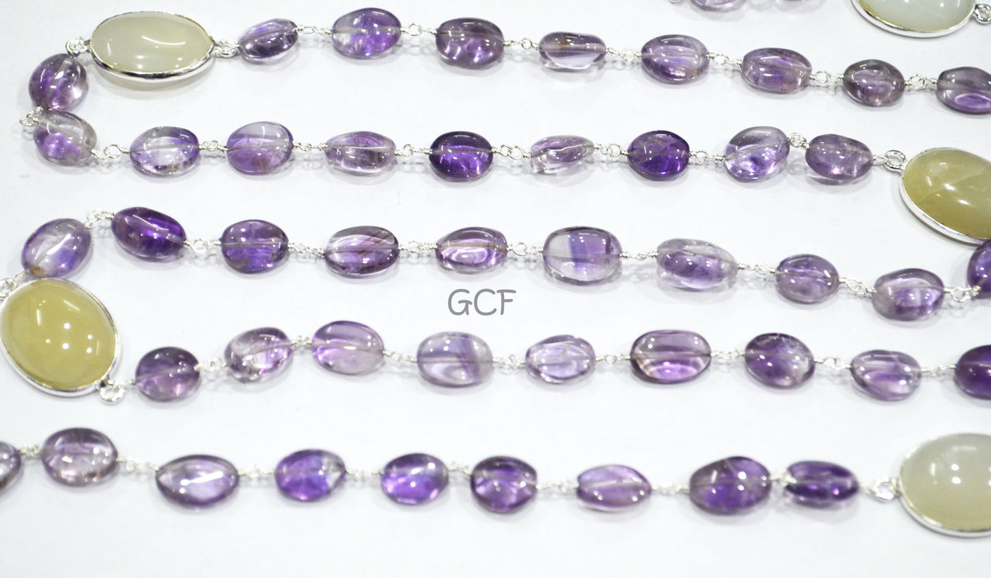 Pink Amethyst Smooth Oval Nuggets Rosary Beaded Chain , Ceylon Moonstone Connector Wire Wrapped Chain , 6x10 - 16x20 mm ,6781