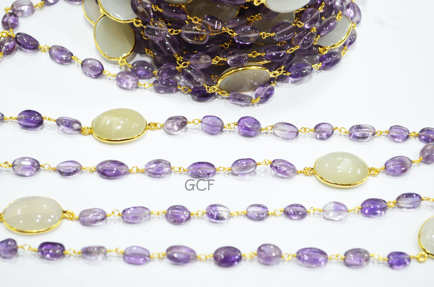Pink Amethyst Smooth Oval Nuggets Rosary Beaded Chain , Ceylon Moonstone Connector Wire Wrapped Chain , 6x10 - 16x20 mm ,6781