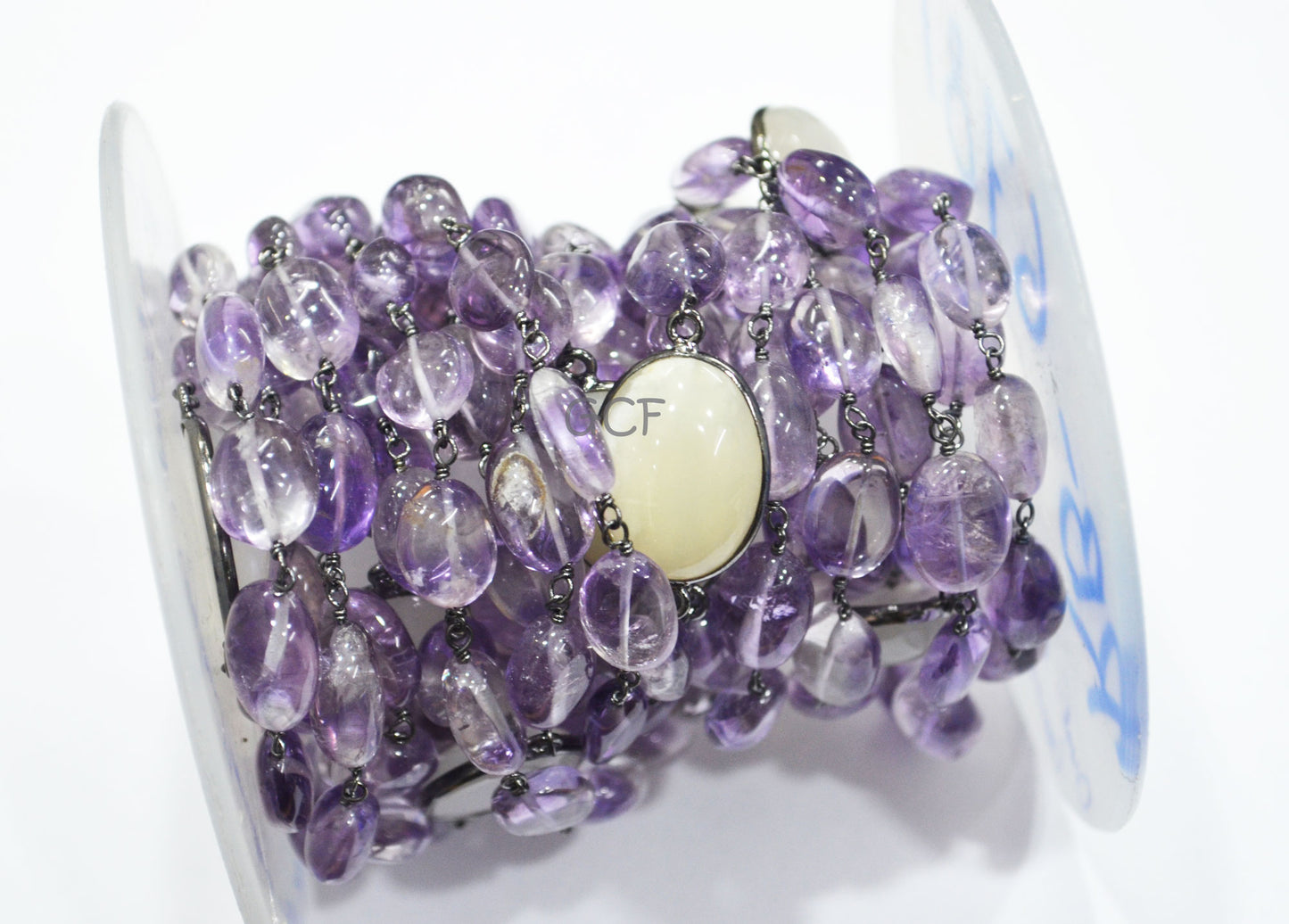 Pink Amethyst Smooth Oval Nuggets Rosary Beaded Chain , Ceylon Moonstone Connector Wire Wrapped Chain , 6x10 - 16x20 mm ,6781