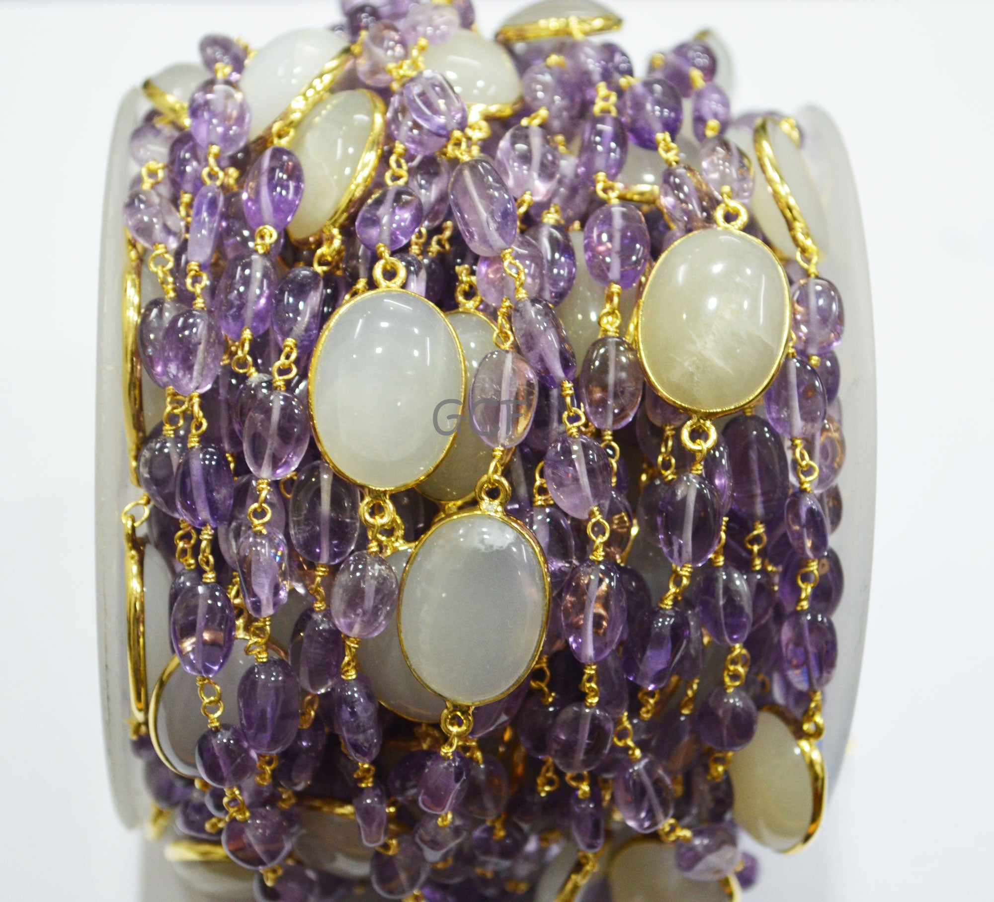 Pink Amethyst Smooth Oval Nuggets Rosary Beaded Chain , Ceylon Moonstone Connector Wire Wrapped Chain , 6x10 - 16x20 mm ,6781