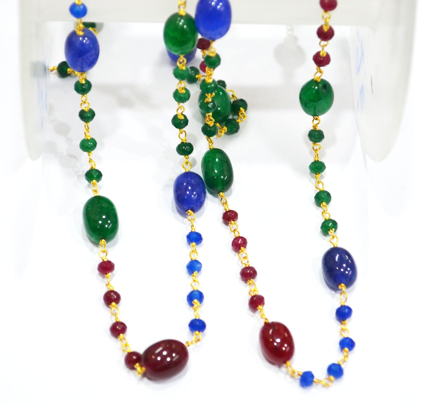 Ruby , Emerald And Sapphire Quartz Faceted Rondelle And Oval Nuggets Rosary Beaded Chain , 4 - 10 mm , 6802