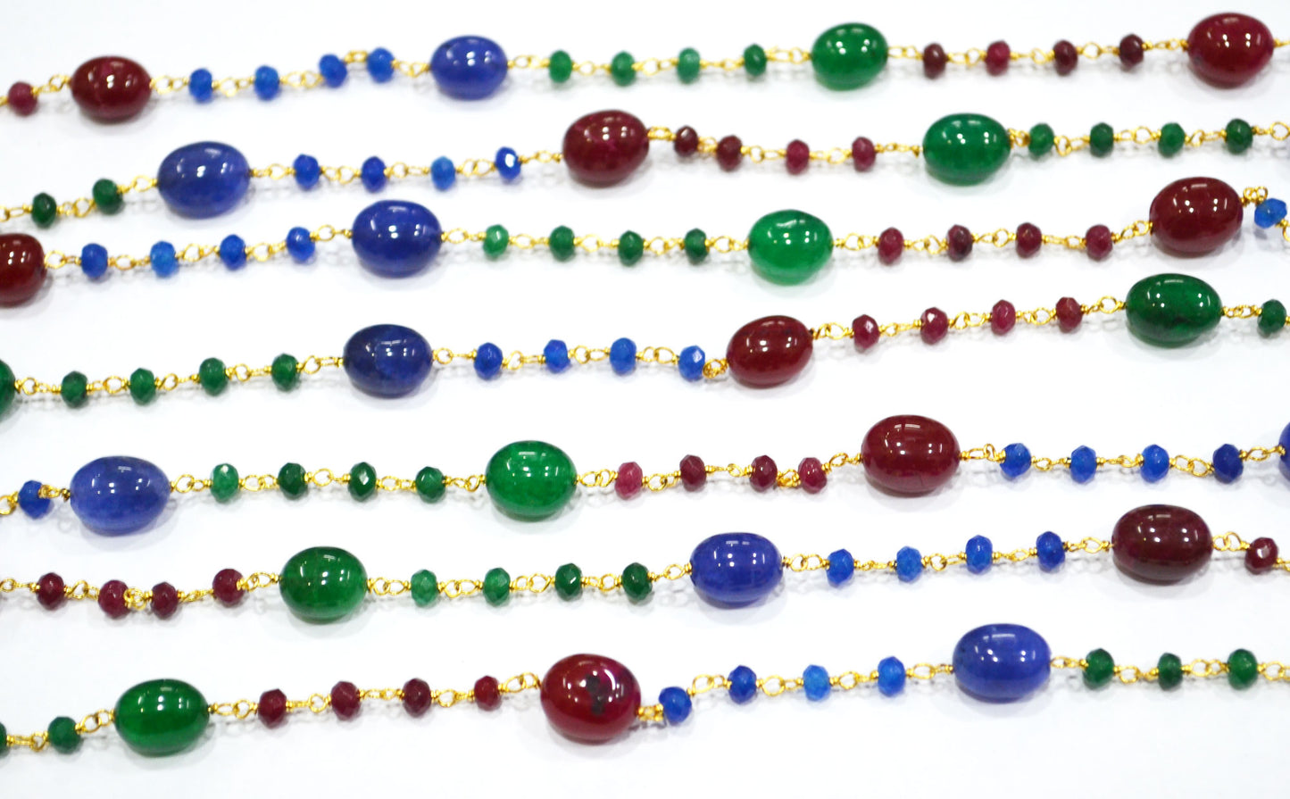 Ruby , Emerald And Sapphire Quartz Faceted Rondelle And Oval Nuggets Rosary Beaded Chain , 4 - 10 mm , 6802