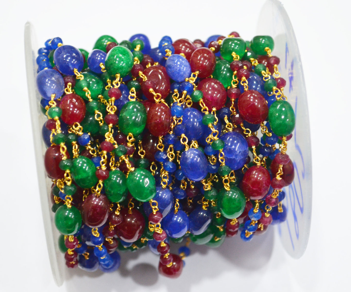 Ruby , Emerald And Sapphire Quartz Faceted Rondelle And Oval Nuggets Rosary Beaded Chain , 4 - 10 mm , 6802