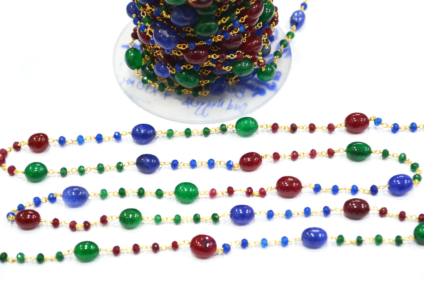 Ruby , Emerald And Sapphire Quartz Faceted Rondelle And Oval Nuggets Rosary Beaded Chain , 4 - 10 mm , 6802