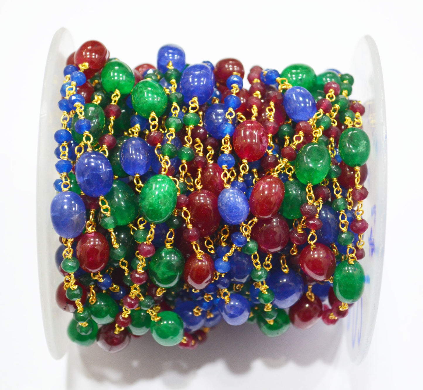 Ruby , Emerald And Sapphire Quartz Faceted Rondelle And Oval Nuggets Rosary Beaded Chain , 4 - 10 mm , 6802