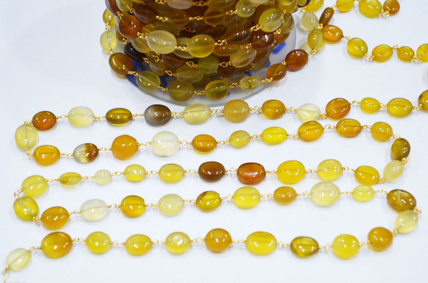 Yellow Chalcedony Smooth Oval Nuggets Rosary Beaded Chain , Yellow Chalcedony Wire Wrapped Chain , 6x8 - 10x12 mm , 6803