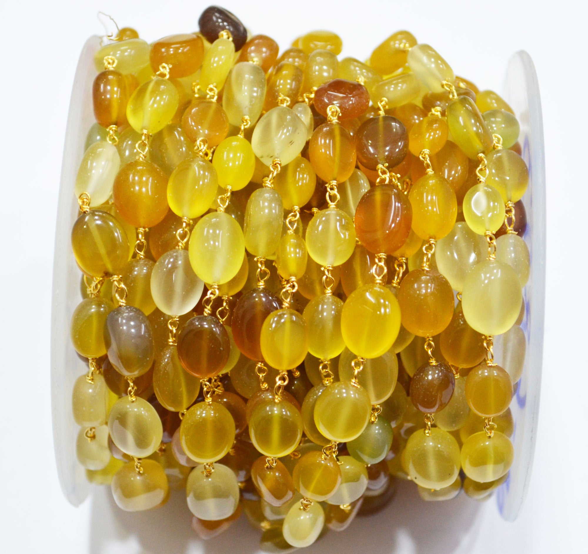 Yellow Chalcedony Smooth Oval Nuggets Rosary Beaded Chain , Yellow Chalcedony Wire Wrapped Chain , 6x8 - 10x12 mm , 6803