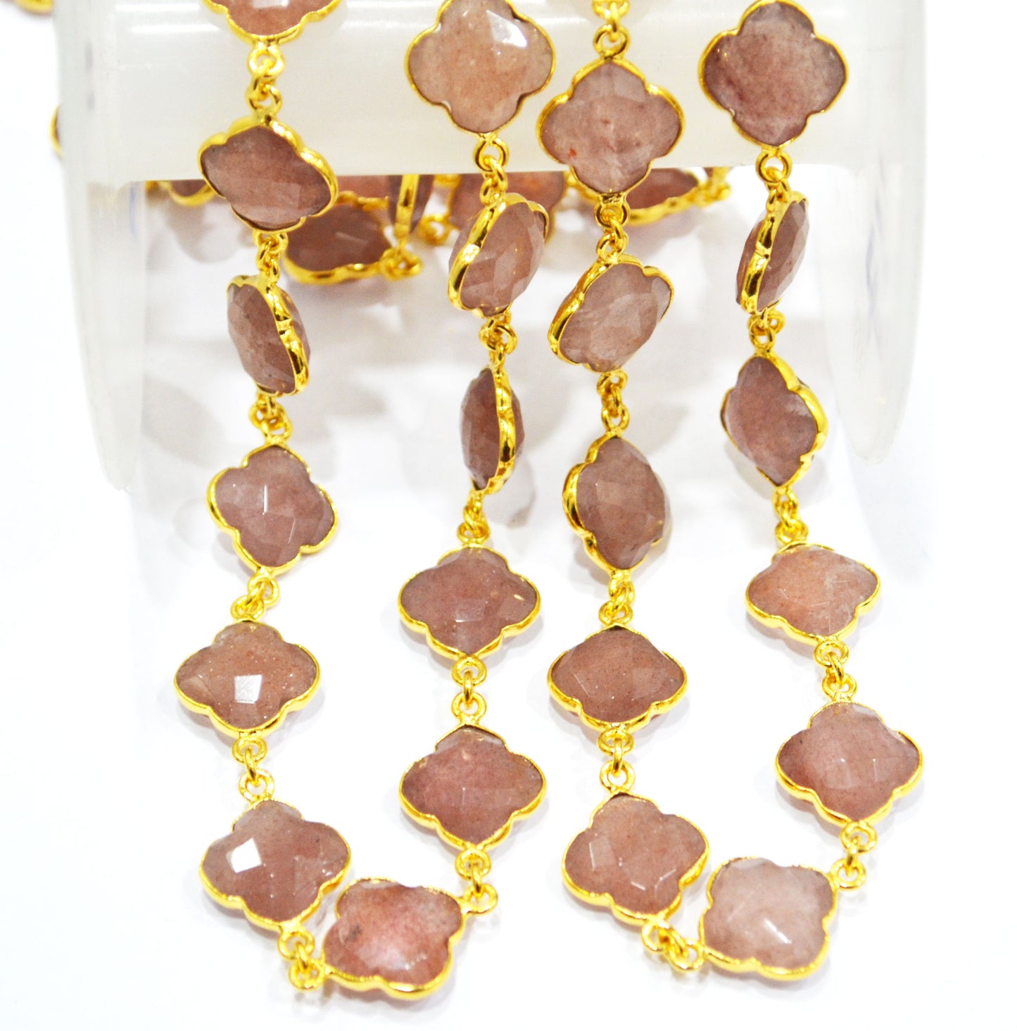 Red Strawberry Quartz Faceted Clover Shape Connector Chain , Strawberry Quartz Clover Bezel Link Chain , 14 - 15 mm , 6805