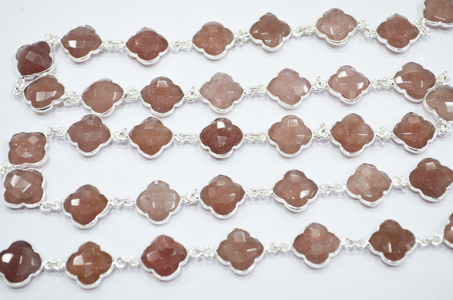 Red Strawberry Quartz Faceted Clover Shape Connector Chain , Strawberry Quartz Clover Bezel Link Chain , 14 - 15 mm , 6805