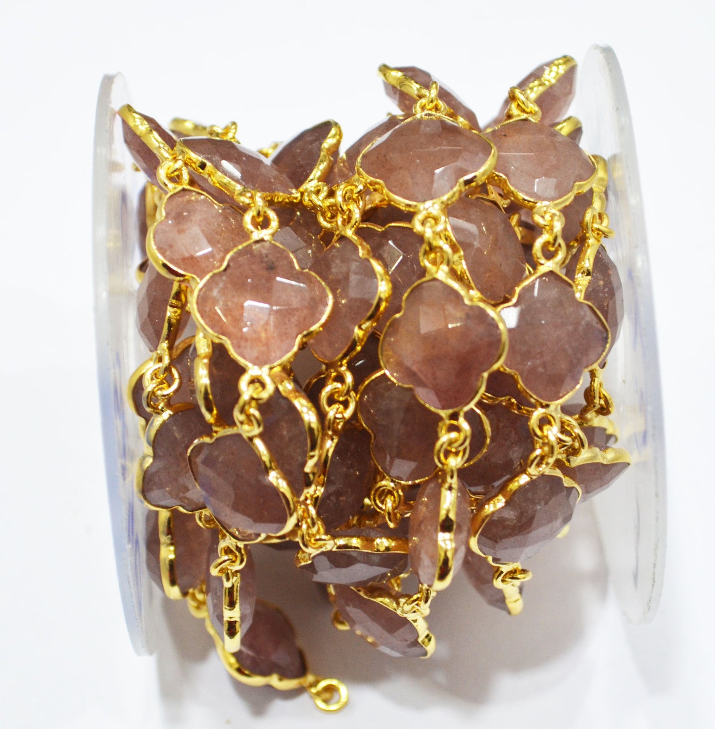 Red Strawberry Quartz Faceted Clover Shape Connector Chain , Strawberry Quartz Clover Bezel Link Chain , 14 - 15 mm , 6805