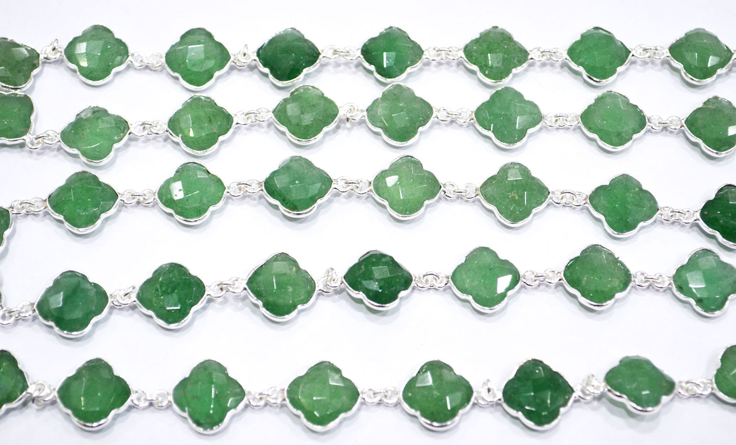 Green Strawberry Quartz Faceted Clover Shape Connector Chain , Strawberry Quartz Clover Bezel Link Chain , 14 - 15 mm , 6806