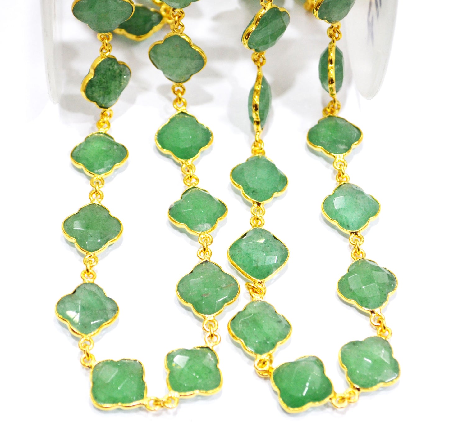 Green Strawberry Quartz Faceted Clover Shape Connector Chain , Strawberry Quartz Clover Bezel Link Chain , 14 - 15 mm , 6806