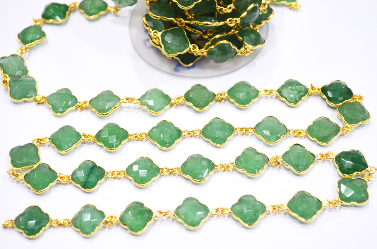 Green Strawberry Quartz Faceted Clover Shape Connector Chain , Strawberry Quartz Clover Bezel Link Chain , 14 - 15 mm , 6806