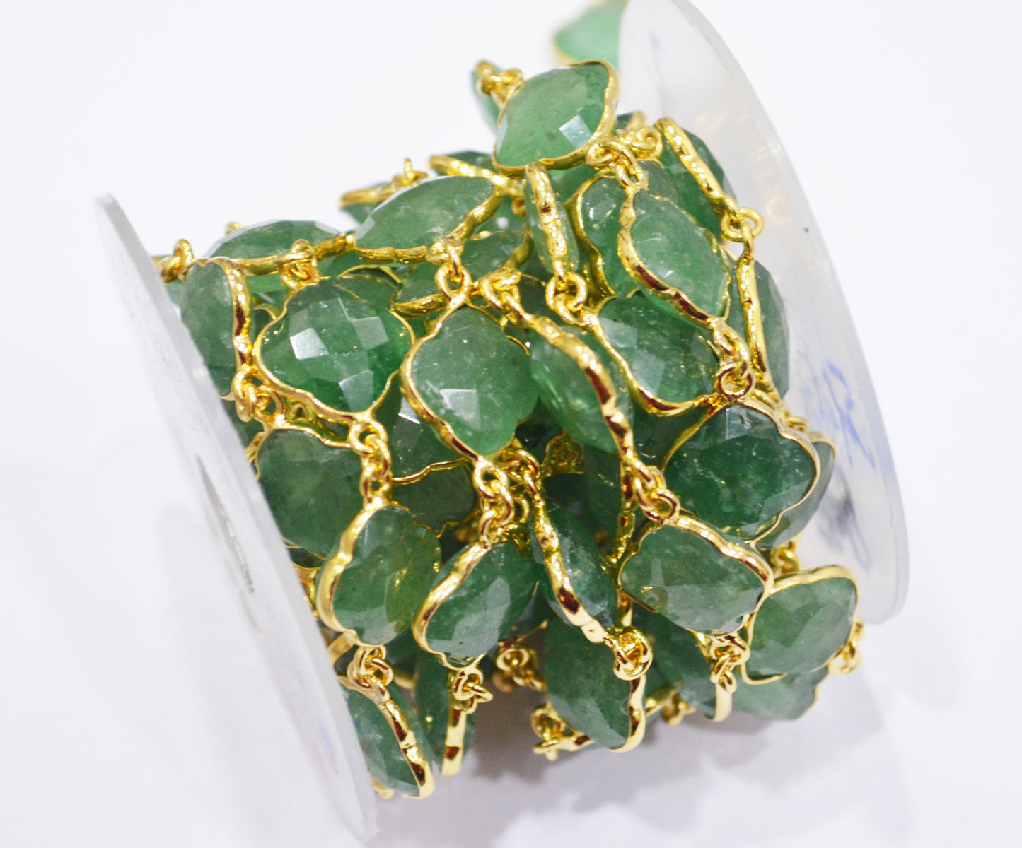 Green Strawberry Quartz Faceted Clover Shape Connector Chain , Strawberry Quartz Clover Bezel Link Chain , 14 - 15 mm , 6806