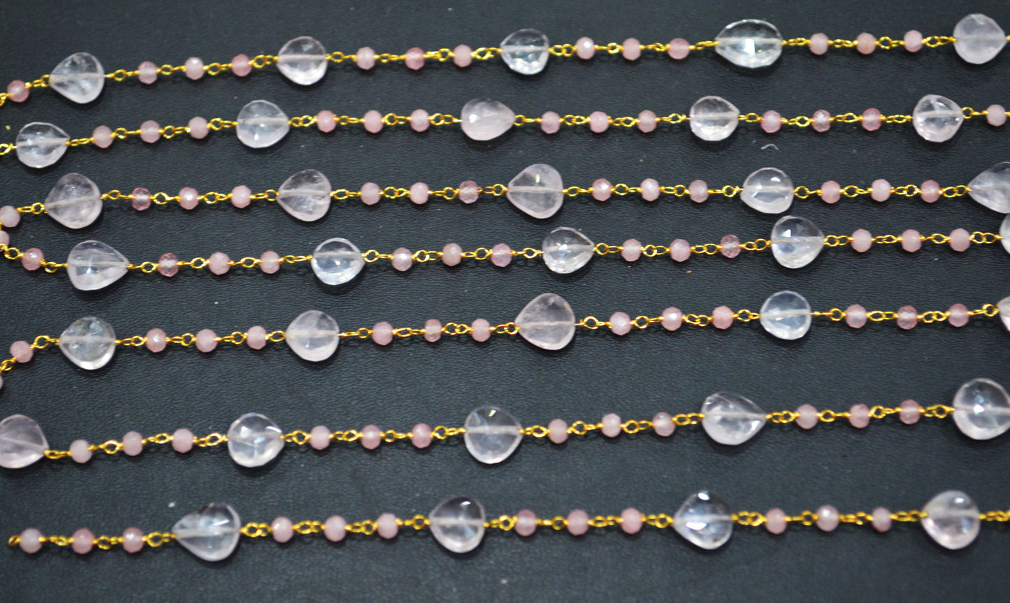 Rose Quartz Faceted Rondelle Rosary Beaded Chain , Rose Quartz Faceted Heart Shape Wire Wrapped Chain , 3 - 8 mm , 6807