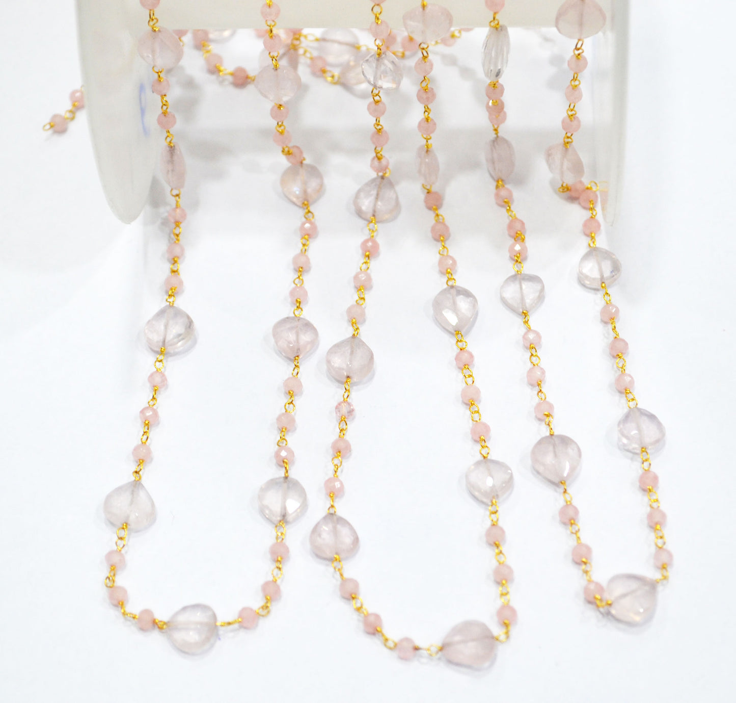 Rose Quartz Faceted Rondelle Rosary Beaded Chain , Rose Quartz Faceted Heart Shape Wire Wrapped Chain , 3 - 8 mm , 6807
