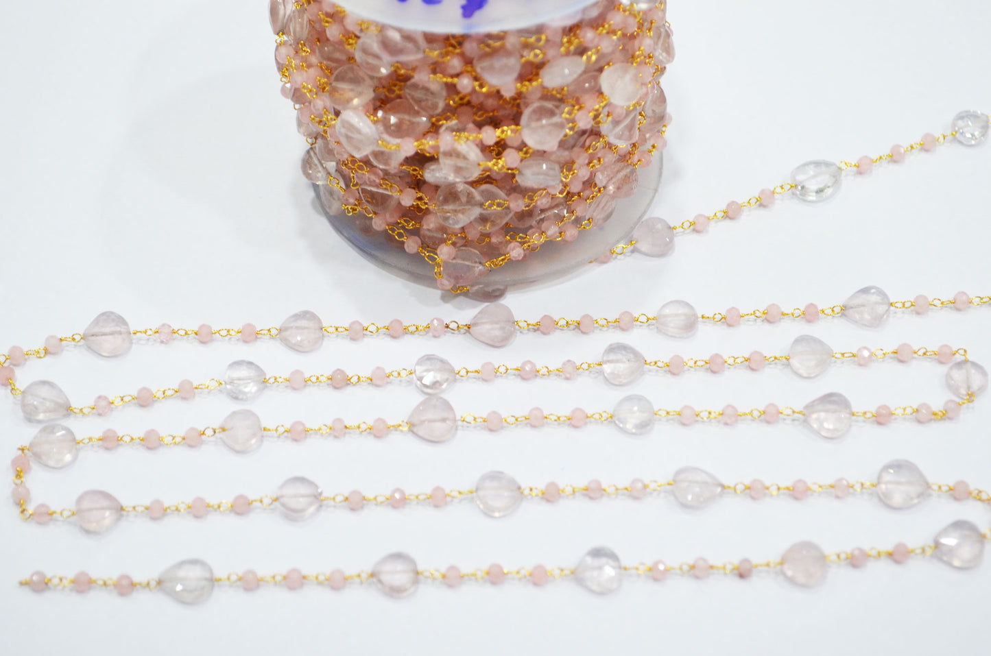 Rose Quartz Faceted Rondelle Rosary Beaded Chain , Rose Quartz Faceted Heart Shape Wire Wrapped Chain , 3 - 8 mm , 6807