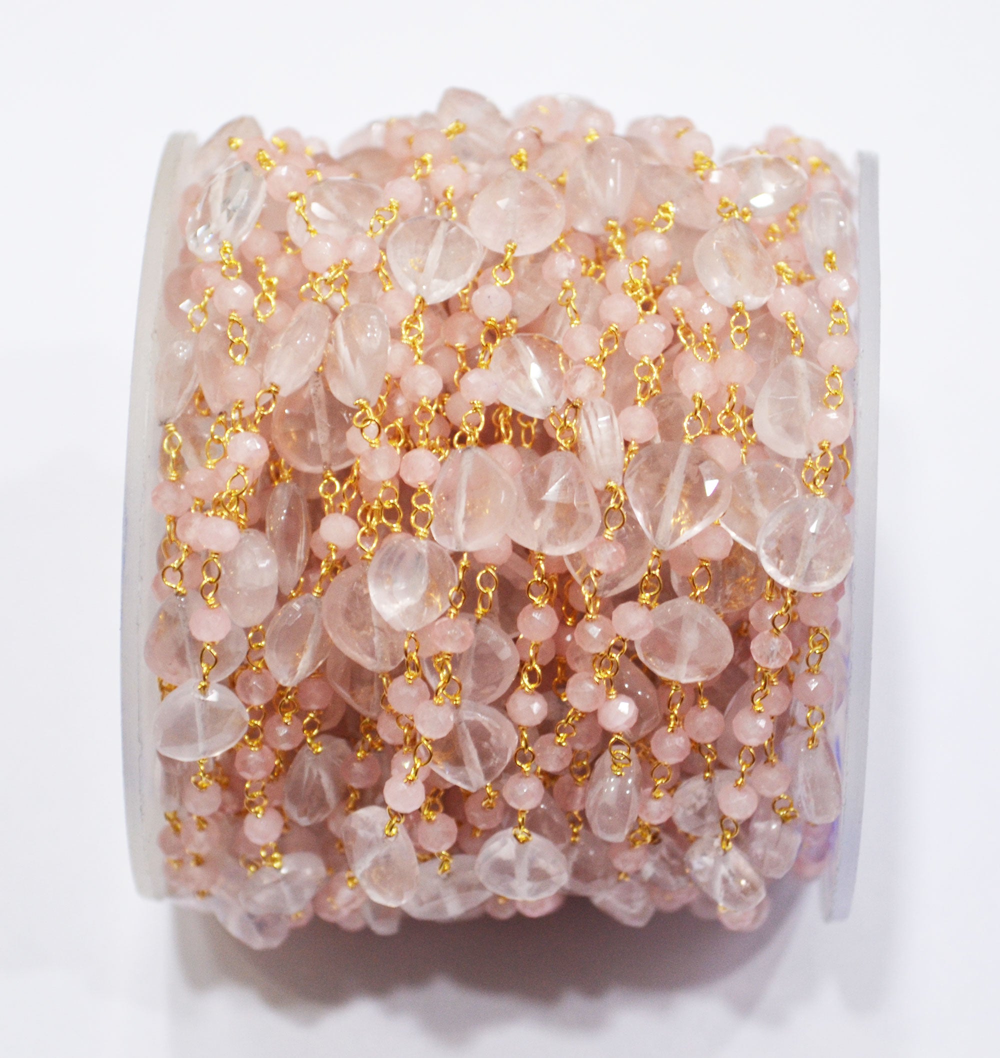 Rose Quartz Faceted Rondelle Rosary Beaded Chain , Rose Quartz Faceted Heart Shape Wire Wrapped Chain , 3 - 8 mm , 6807